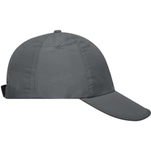 A grey six-panel cap with a curved brim and an adjustable strap at the back, featuring a logo.