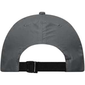 A grey cap featuring a black adjustable strap at the back and a button on top. Includes a logo.