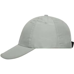 A grey six-panel cap with a curved brim and a logo on the side.