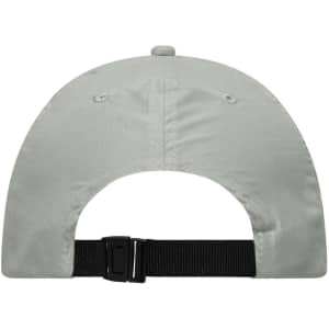 A grey cap with a black adjustable strap at the back, featuring ventilation holes and a button on top.