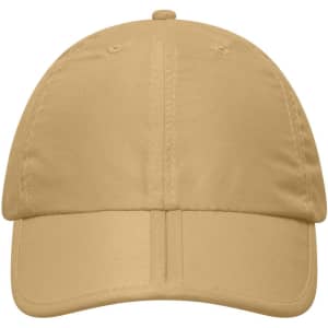 A tan six-panel cap with a curved brim and a logo on the front.