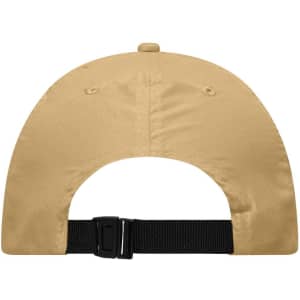 A beige cap with a black adjustable strap at the back, featuring ventilation holes. It has a logo.