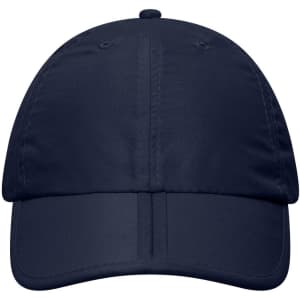 A navy blue cap with a six-panel design and a logo on the front. Ideal for headwear promotion.