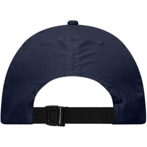 A navy blue six-panel cap featuring a strap closure at the back. It includes ventilation holes and a logo.