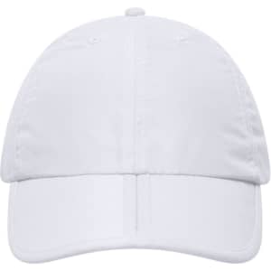 A white cap featuring a curved brim and a logo on the front, designed for casual wear.