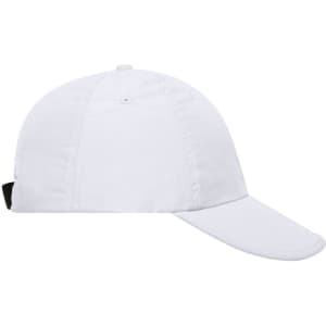 A white six-panel cap with a curved brim and an adjustable strap at the back. It features a logo.