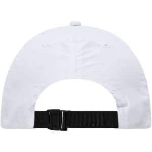 A white cap with a black adjustable strap at the back and ventilation eyelets. It features a logo.