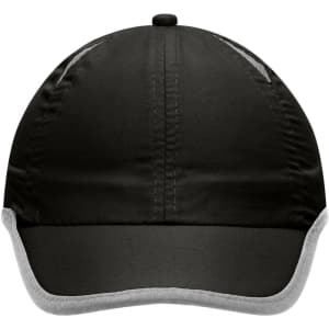 A black sports cap with a grey micro-edge brim, featuring a logo on the front.