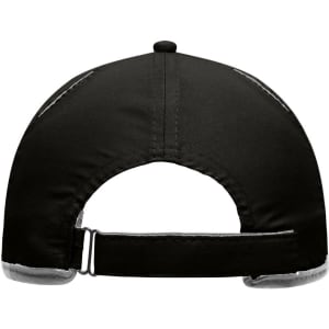 A black six-panel cap with a micro-edge design, featuring an adjustable strap at the back and a logo.