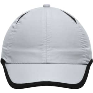 A grey sports cap with a black trim and stitching, featuring a logo on the front.