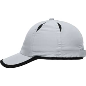 A grey six-panel micro-edge sports cap with a black brim and a logo on the side.