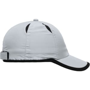 A grey 6 panel micro-edge sports cap with black detailing and a logo on the side.