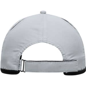 A grey 6 Panel Micro-Edge Sports Cap featuring a logo, with an adjustable strap at the back.