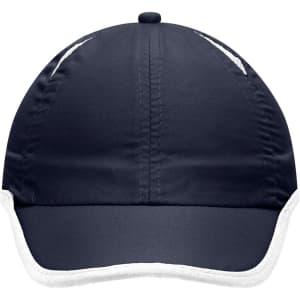 A navy blue six-panel micro-edge sports cap with a white trim and a logo on the front.