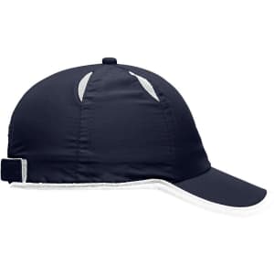 A navy blue 6 panel micro-edge sports cap with a structured brim and a back strap, featuring a logo.
