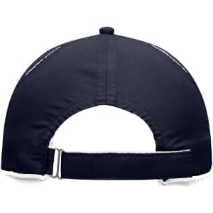 A navy blue 6 Panel Micro-Edge Sports Cap featuring an adjustable strap and a branded logo.