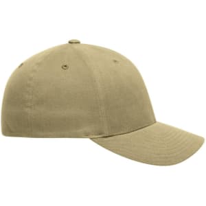 A khaki Original Flexfit® Cap featuring a curved brim and a logo. Suitable for headwear needs.