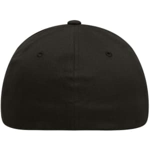 A black Flexfit® cap featuring a rounded top and no design elements visible. It has ventilation holes and a single button.