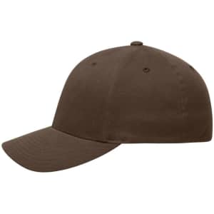 A brown Original Flexfit® cap featuring a curved visor and a fitted design. It has a logo on the side.