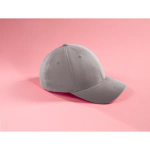 A grey cap with a curved brim and a branding logo, displayed against a pink background.