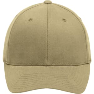 A khaki original Flexfit® cap featuring a structured design and a logo on the front.