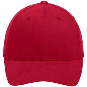 A red original Flexfit® cap with a curved brim and a logo on the front.