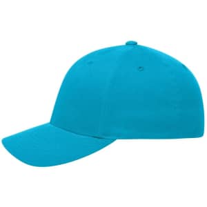 A bright turquoise cap with a curved brim and a button on top. The cap features an unembellished design.