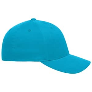 A bright turquoise cap with a rounded crown and a curved brim. It features a logo on the side.