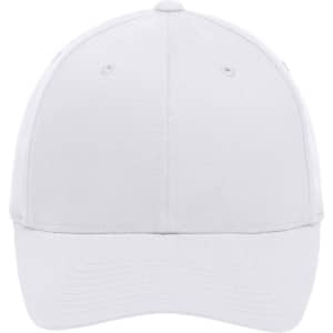 A white Flexfit® cap featuring a rounded crown and a curved brim, with a logo on the side.