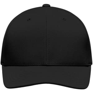 A black High Performance Flexfit® cap with a rounded crown and a stiff brim, featuring a logo on the front.