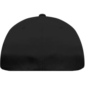 A black Flexfit® cap viewed from the back, featuring a smooth curved design and a logo.