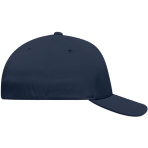 A navy blue flexfit cap featuring a curved brim and a fitted design. It has a branding logo on the side.