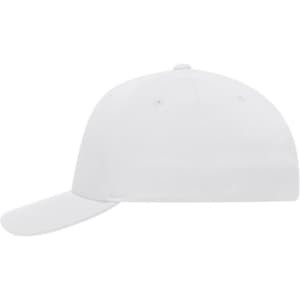 A white High Performance Flexfit® cap with a curved brim and an adjustable back. Features a logo.