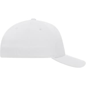 A white Flexfit® cap with a curved brim and a fitted design. It features a logo on the side.