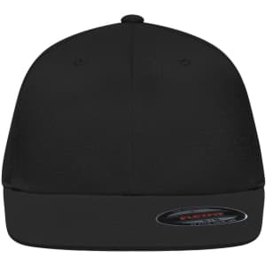 A black Flexfit® Flat Peak Cap with a sleek design and a branded tag on the side.