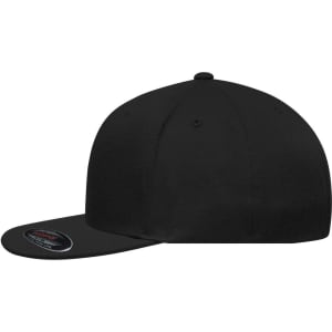 A black Flexfit® Flat Peak Cap with a flat brim and a logo on the side.