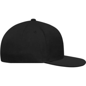 A black Flexfit® Flat Peak Cap with a flat peak and a rounded crown, featuring a logo on the side.