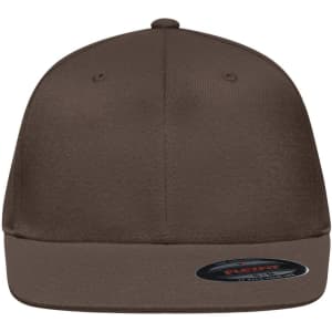A brown Flexfit® flat peak cap with a branded logo on the side. The cap features a solid colour design.
