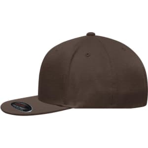 A brown Flexfit® Flat Peak Cap with a flat brim and a logo on the side.