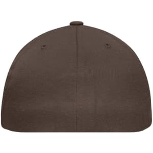 A flat peak cap in brown with a rounded top and ventilation holes, featuring a logo.