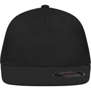 A black Flexfit® Flat Peak Cap featuring a structured design and a logo on the side.