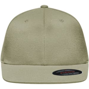 A flat peak cap in a light beige colour, featuring a branded logo on the side.