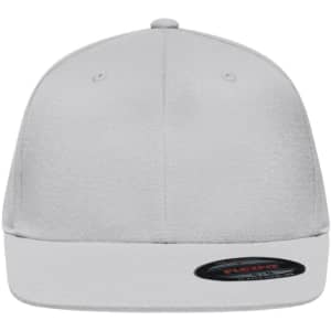 A grey Flexfit® Flat Peak Cap with a flat peak and a branded patch on the side.