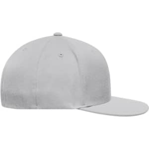A grey Flexfit® Flat Peak Cap with a structured design and a flat brim, featuring a logo on the side.