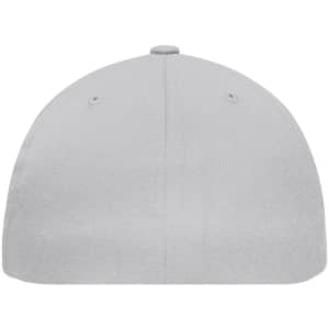 A flat peak cap in grey with a smooth surface and a central button on the top. It features ventilation eyelets.