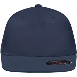 A navy flat peak cap with a fitted design and a branded logo on the side.