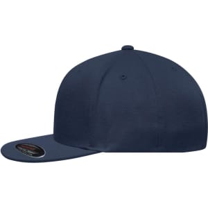 A navy Flexfit® Flat Peak Cap with a flat brim and a logo on the side.