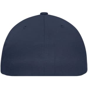 A navy flat peak cap with a smooth surface and a small button on top. It features ventilation holes and has a logo.