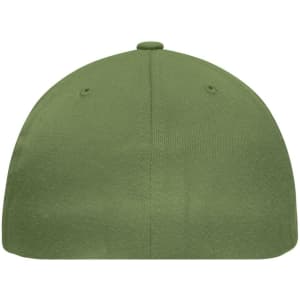 A green Flexfit® Flat Peak Cap with a rounded top and ventilation holes, featuring a logo on the side.