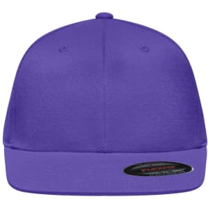A purple Flexfit® Flat Peak Cap with a flat brim and fitted design, featuring a logo on the side.